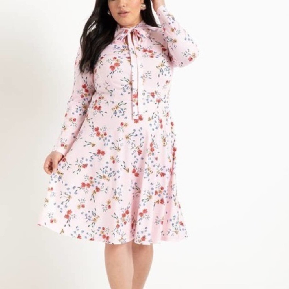 Eloquii Long Sleeve Keyhole Bow Tie Neckline Pink Floral Fit-Flare Dress Size 14